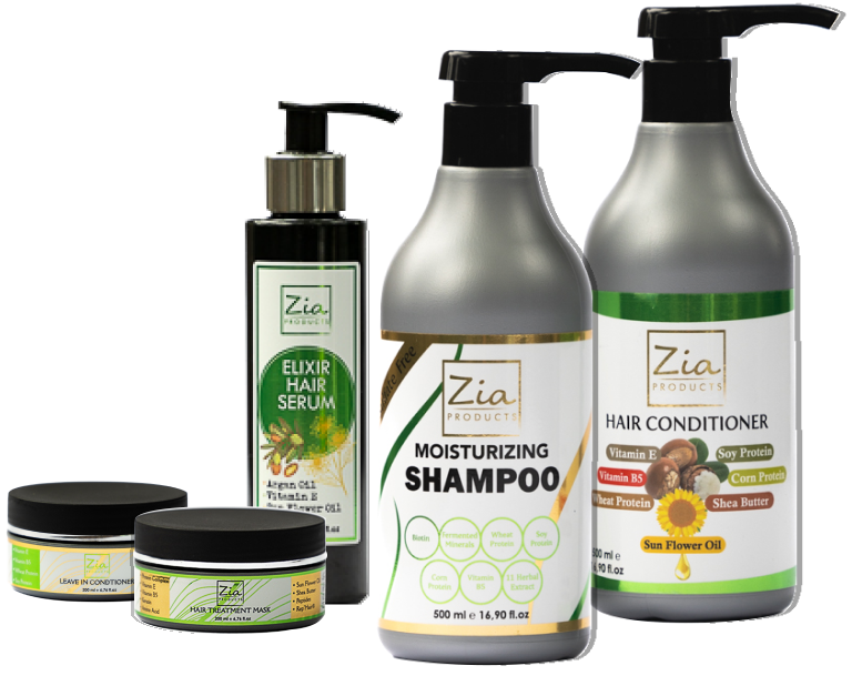 The ZiaGlobe hair care collection: shampoo, conditioner, serum, leave-in and treatment mask